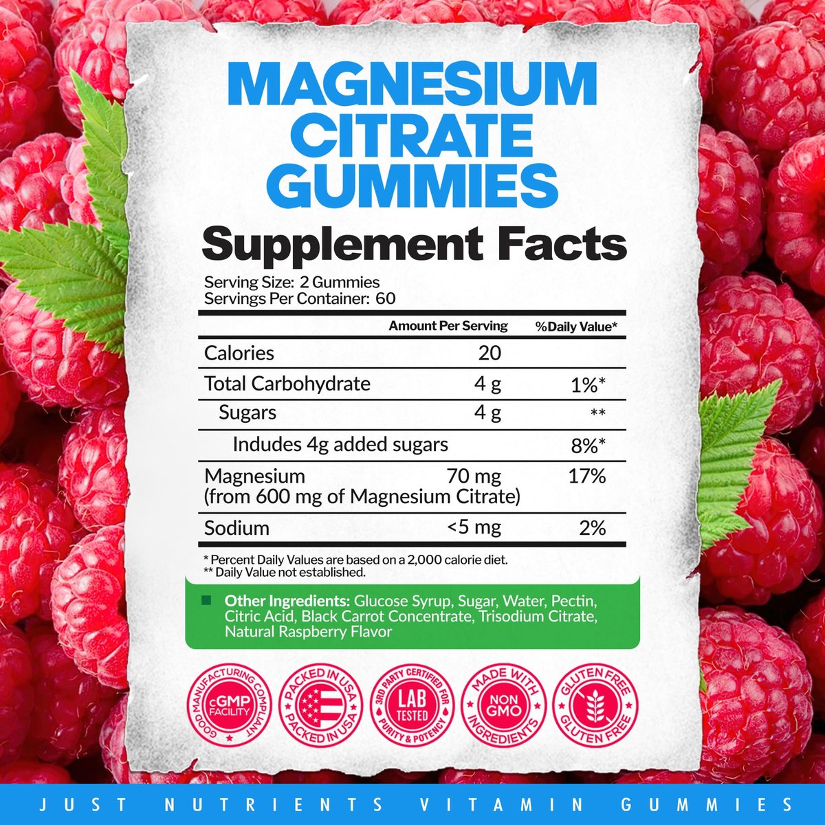 Magnesium Citrate 600mg Gummis (120 Stück) – Höchste Stärke für Ruhe, Knochen-, Herz- und Nervengesundheit – Glutenfrei, Nicht-GVO, Vegetarisch, Himbeergeschmack – 60 Portionen
