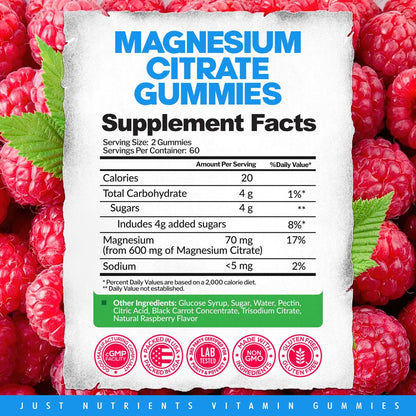 Magnesium Citrate 600mg Gummis (120 Stück) – Höchste Stärke für Ruhe, Knochen-, Herz- und Nervengesundheit – Glutenfrei, Nicht-GVO, Vegetarisch, Himbeergeschmack – 60 Portionen