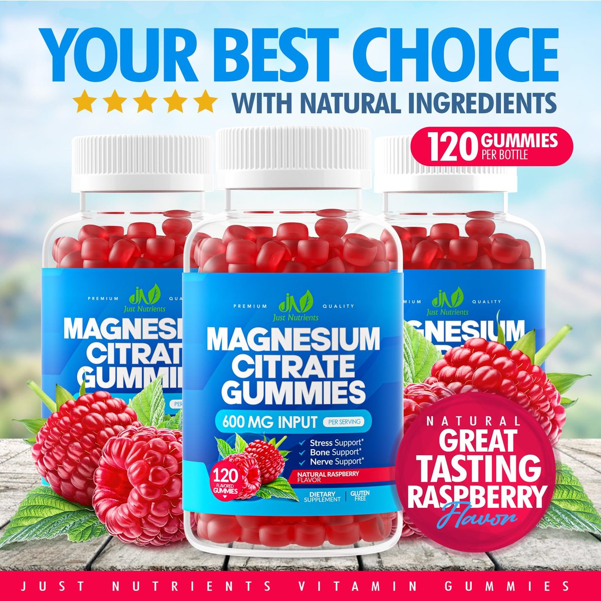 Magnesium Citrate 600mg Gummis (120 Stück) – Höchste Stärke für Ruhe, Knochen-, Herz- und Nervengesundheit – Glutenfrei, Nicht-GVO, Vegetarisch, Himbeergeschmack – 60 Portionen