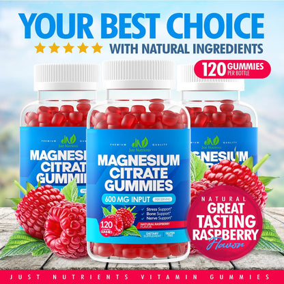 Magnesium Citrate 600mg Gummis (120 Stück) – Höchste Stärke für Ruhe, Knochen-, Herz- und Nervengesundheit – Glutenfrei, Nicht-GVO, Vegetarisch, Himbeergeschmack – 60 Portionen