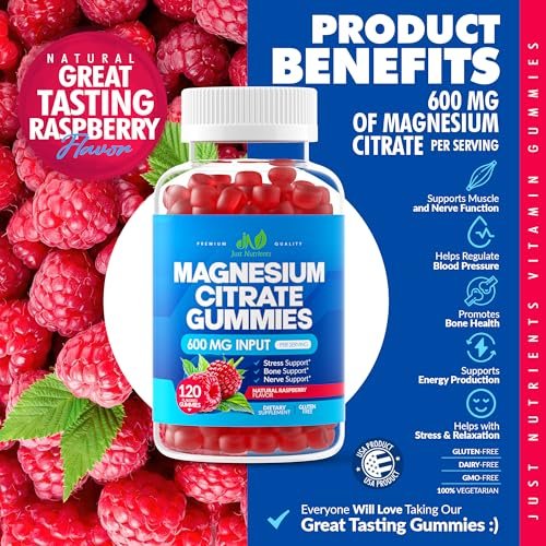 Magnesium Citrate 600mg Gummis (120 Stück) – Höchste Stärke für Ruhe, Knochen-, Herz- und Nervengesundheit – Glutenfrei, Nicht-GVO, Vegetarisch, Himbeergeschmack – 60 Portionen