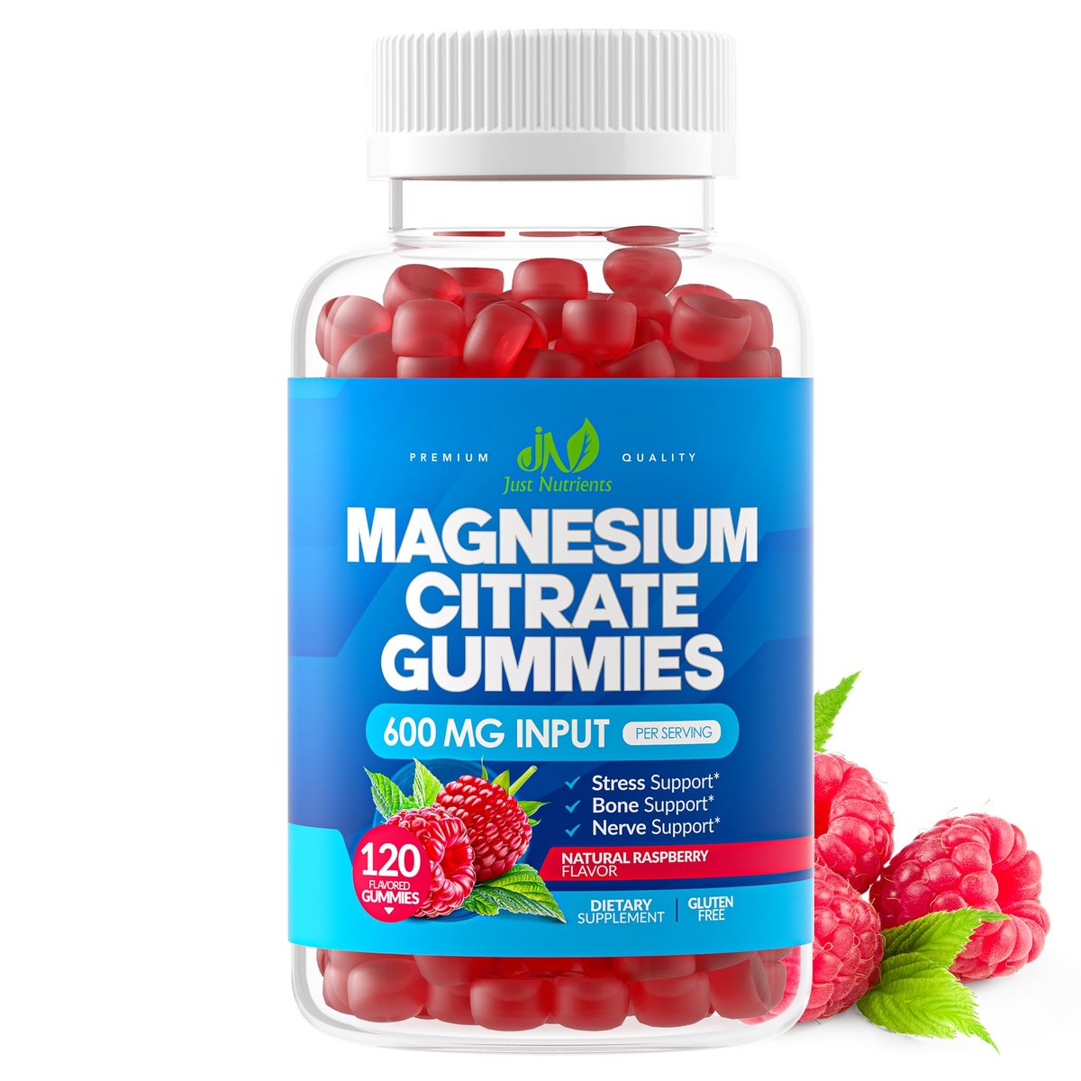 Magnesium Citrate 600mg Gummis (120 Stück) – Höchste Stärke für Ruhe, Knochen-, Herz- und Nervengesundheit – Glutenfrei, Nicht-GVO, Vegetarisch, Himbeergeschmack – 60 Portionen
