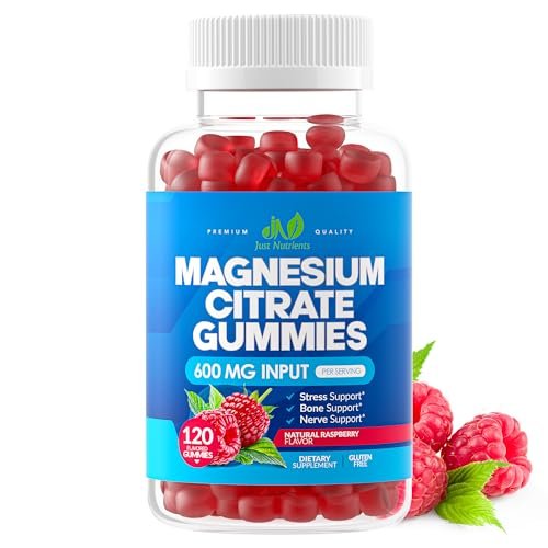 Magnesium Citrate 600mg Gummis (120 Stück) – Höchste Stärke für Ruhe, Knochen-, Herz- und Nervengesundheit – Glutenfrei, Nicht-GVO, Vegetarisch, Himbeergeschmack – 60 Portionen