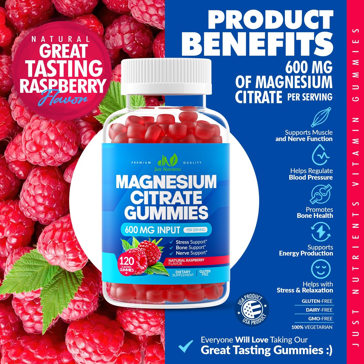 Magnesium Citrate 600mg Gummis (120 Stück) – Höchste Stärke für Ruhe, Knochen-, Herz- und Nervengesundheit – Glutenfrei, Nicht-GVO, Vegetarisch, Himbeergeschmack – 60 Portionen