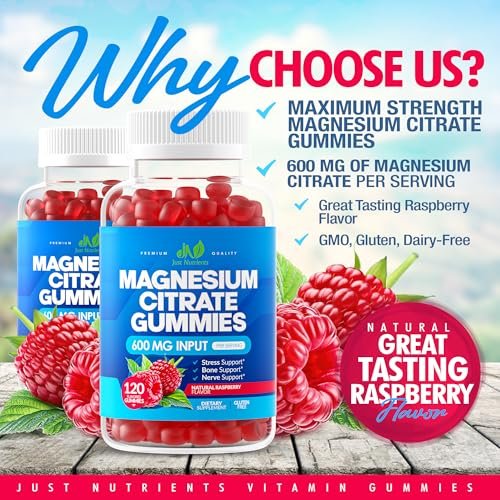 Magnesium Citrate 600mg Gummis (120 Stück) – Höchste Stärke für Ruhe, Knochen-, Herz- und Nervengesundheit – Glutenfrei, Nicht-GVO, Vegetarisch, Himbeergeschmack – 60 Portionen