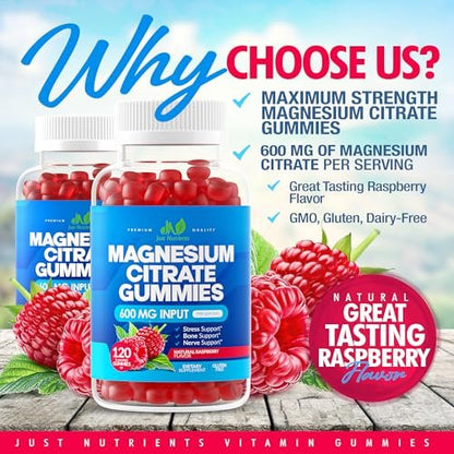 Magnesium Citrate 600mg Gummis (120 Stück) – Höchste Stärke für Ruhe, Knochen-, Herz- und Nervengesundheit – Glutenfrei, Nicht-GVO, Vegetarisch, Himbeergeschmack – 60 Portionen