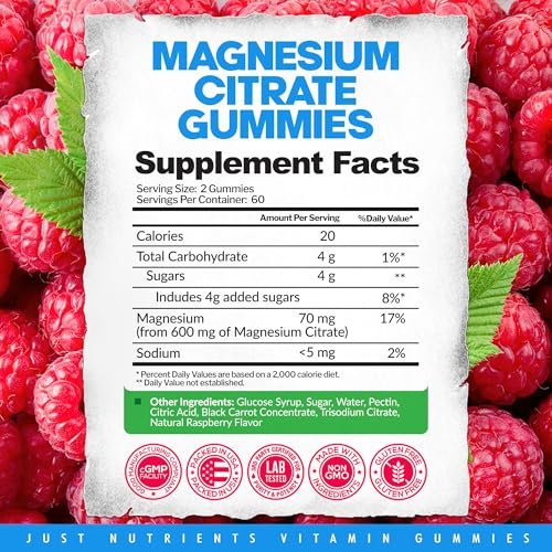 Magnesium Citrate 600mg Gummis (120 Stück) – Höchste Stärke für Ruhe, Knochen-, Herz- und Nervengesundheit – Glutenfrei, Nicht-GVO, Vegetarisch, Himbeergeschmack – 60 Portionen