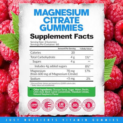 Magnesium Citrate 600mg Gummis (120 Stück) – Höchste Stärke für Ruhe, Knochen-, Herz- und Nervengesundheit – Glutenfrei, Nicht-GVO, Vegetarisch, Himbeergeschmack – 60 Portionen