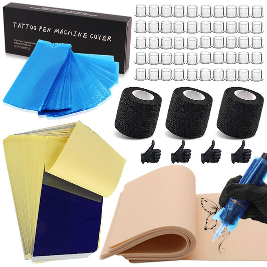 Rayyl Tattoo Übungshaut-Transferpapier-Werkzeugset - 66-teiliges Anfänger-Set mit Kunsthaut, Transferpapier, Maschinenhüllen, Tintenbechern und Griffbändern