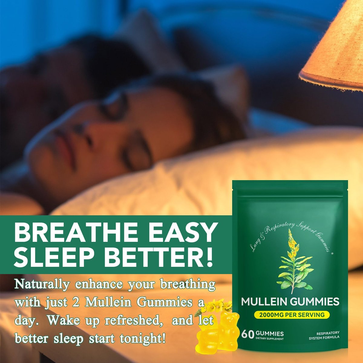 Mullein Gummies für Lungendetox – 2000 mg Mulleinblattextrakt für Atemwegs-, Verdauungs- und Immununterstützung – Bio-Mullein-Kräuterergänzung zur Schleimlösung – Vegan, 60 Gummibärchen