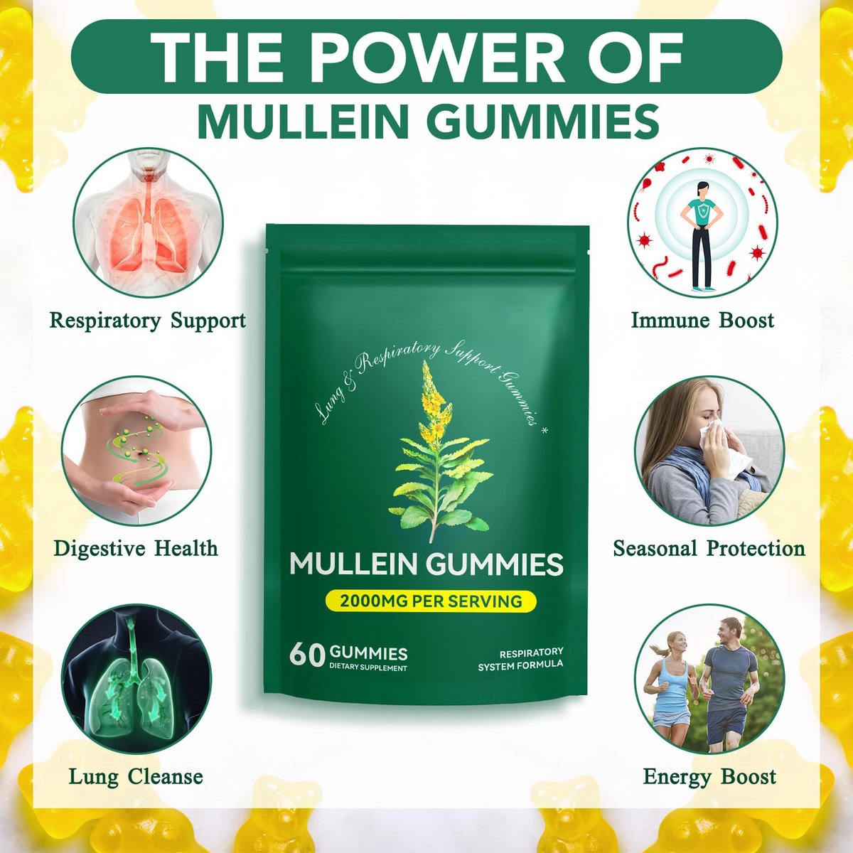 Mullein Gummies für Lungendetox – 2000 mg Mulleinblattextrakt für Atemwegs-, Verdauungs- und Immununterstützung – Bio-Mullein-Kräuterergänzung zur Schleimlösung – Vegan, 60 Gummibärchen