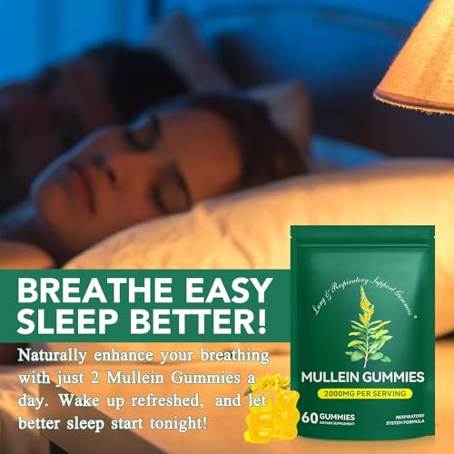 Mullein Gummies für Lungendetox – 2000 mg Mulleinblattextrakt für Atemwegs-, Verdauungs- und Immununterstützung – Bio-Mullein-Kräuterergänzung zur Schleimlösung – Vegan, 60 Gummibärchen