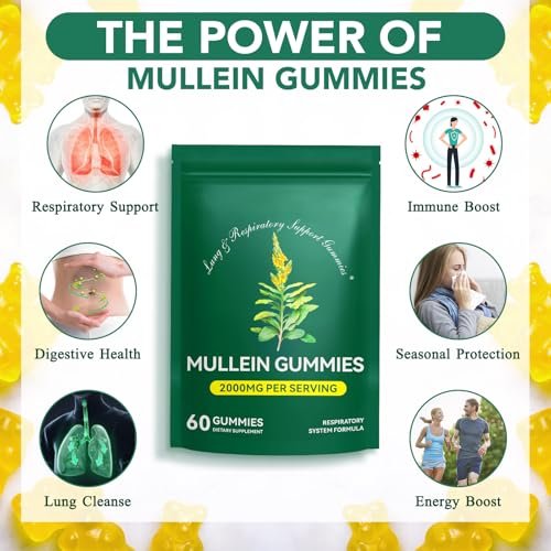 Mullein Gummies für Lungendetox – 2000 mg Mulleinblattextrakt für Atemwegs-, Verdauungs- und Immununterstützung – Bio-Mullein-Kräuterergänzung zur Schleimlösung – Vegan, 60 Gummibärchen