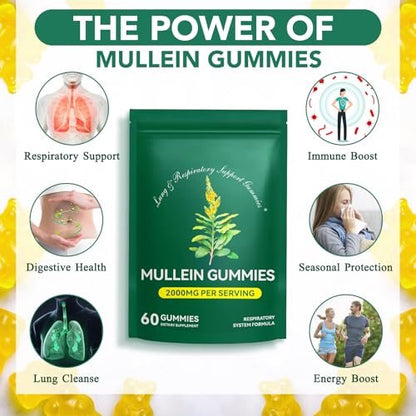Mullein Gummies für Lungendetox – 2000 mg Mulleinblattextrakt für Atemwegs-, Verdauungs- und Immununterstützung – Bio-Mullein-Kräuterergänzung zur Schleimlösung – Vegan, 60 Gummibärchen