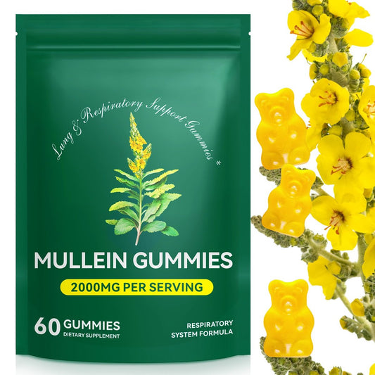Mullein Gummies für Lungendetox – 2000 mg Mulleinblattextrakt für Atemwegs-, Verdauungs- und Immununterstützung – Bio-Mullein-Kräuterergänzung zur Schleimlösung – Vegan, 60 Gummibärchen