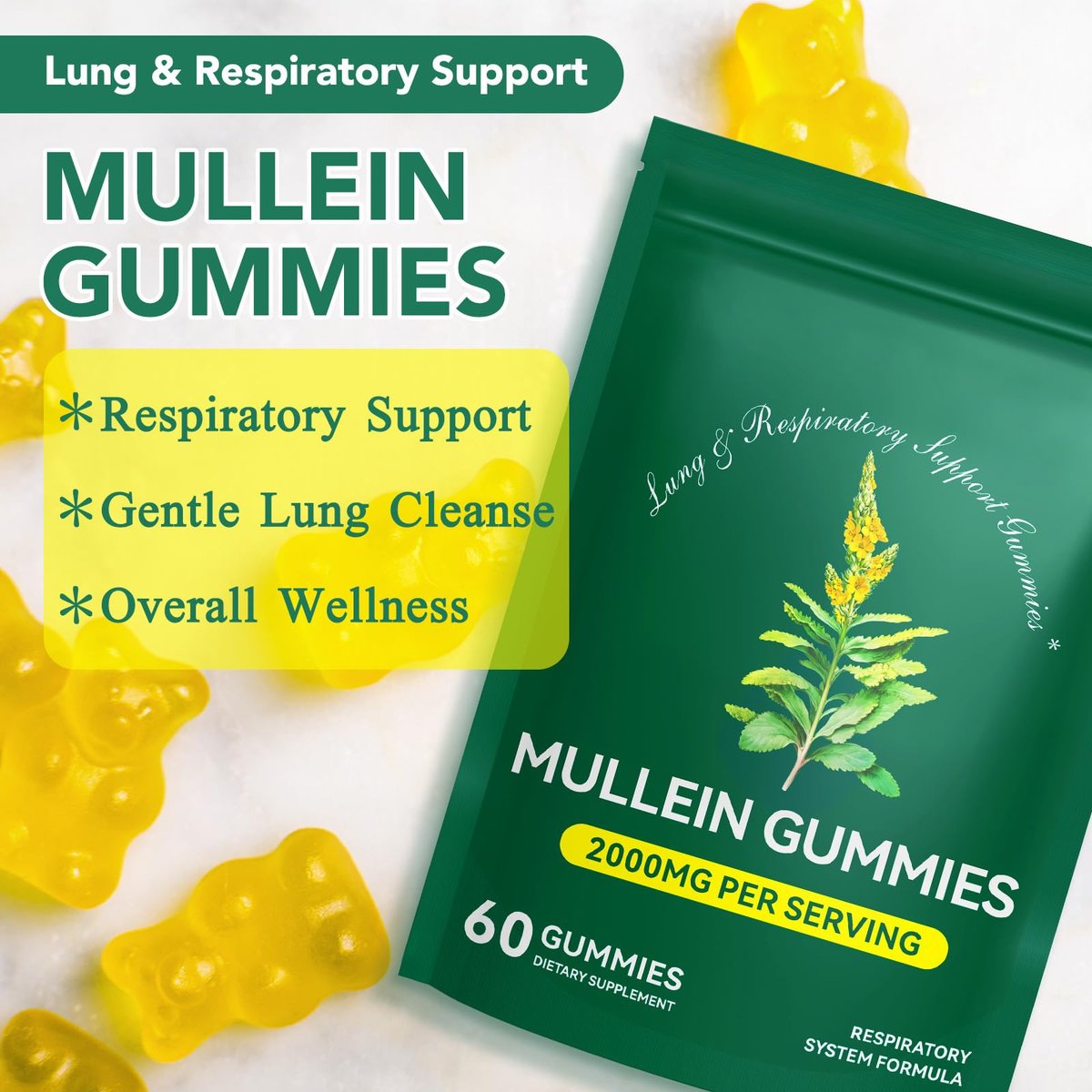 Ruduwu Mullein Gummies für die Lungendetox – 2000 mg Mullein-Blatt-Extrakt für Atemwegs-, Verdauungs- und Immununterstützung, Bio-Mullein-Kräuterergänzung zur Schleimlösung, vegan