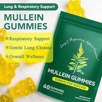 Ruduwu Mullein Gummies für die Lungendetox – 2000 mg Mullein-Blatt-Extrakt für Atemwegs-, Verdauungs- und Immununterstützung, Bio-Mullein-Kräuterergänzung zur Schleimlösung, vegan