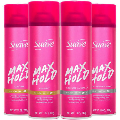 Suave Haarspray Max Hold Sortiment 4er-Pack – Duftend + Ungeduftet, 11 Oz pro Flasche