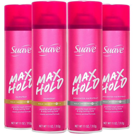 Suave Haarspray Max Hold Sortiment 4er-Pack – Duftend + Ungeduftet, 11 Oz pro Flasche