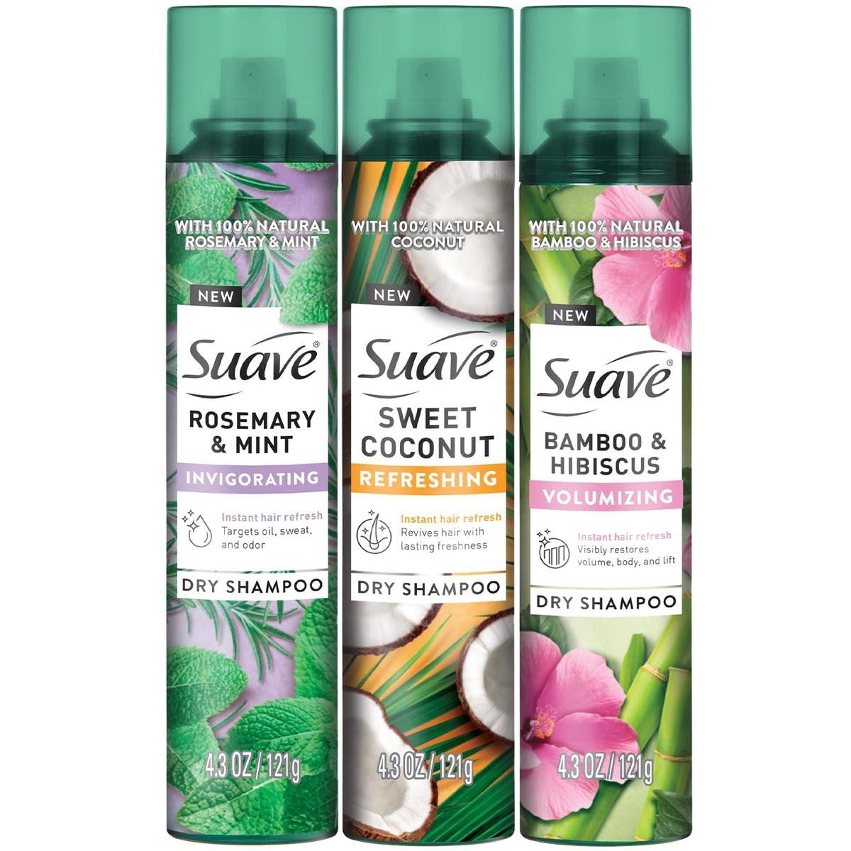 Suave Trockenshampoo Spray Variety 3er-Pack – Belebend mit Rosmarin & Minze, Volumen mit Bambus & Hibiskus + Erfrischend mit süßer Kokosnuss, je 122 g