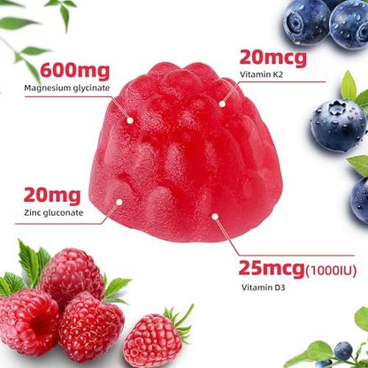 90 CT Magnesium Glycinate Gummies 600mg, Zuckerfrei mit Zink & Vitamin D3 - Magnesiumpräparate für Schlaf, Knochengesundheit, Nerven- & Immunfunktion