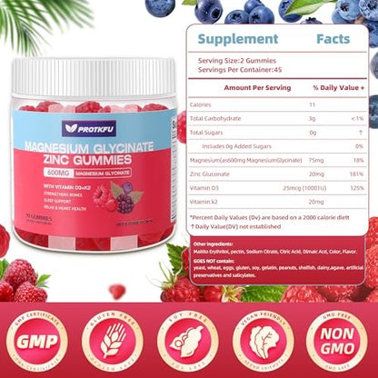 90 CT Magnesium Glycinate Gummies 600mg, Zuckerfrei mit Zink & Vitamin D3 - Magnesiumpräparate für Schlaf, Knochengesundheit, Nerven- & Immunfunktion