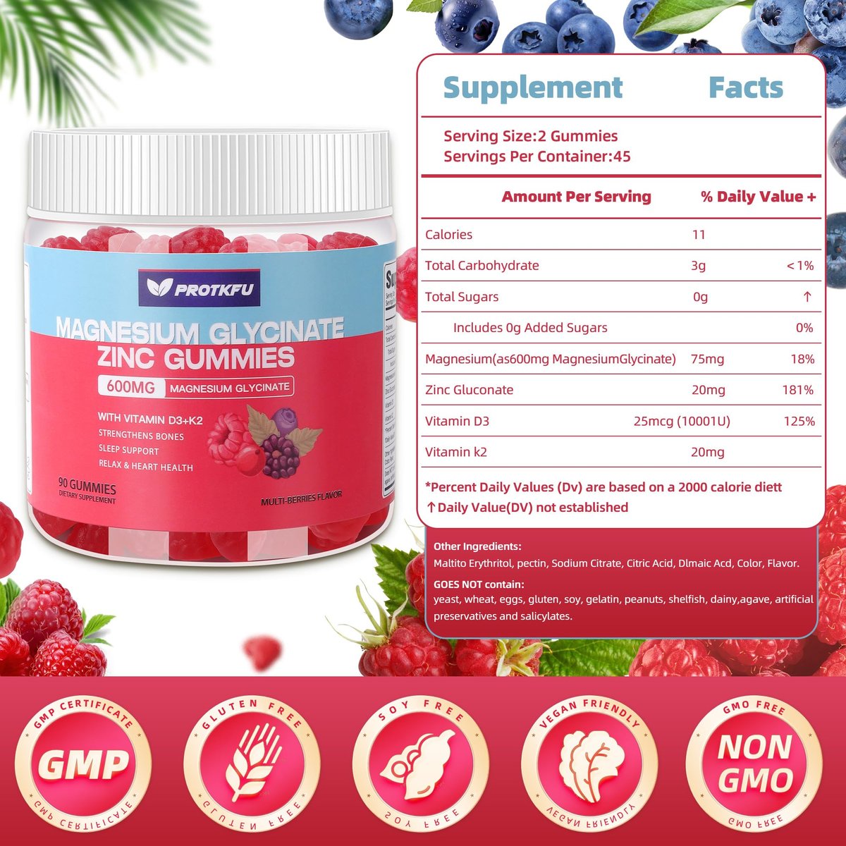 90 CT Magnesium Glycinate Gummies 600mg, Zuckerfrei mit Zink & Vitamin D3 - Magnesiumpräparate für Schlaf, Knochengesundheit, Nerven- & Immunfunktion