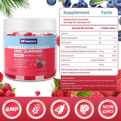 90 CT Magnesium Glycinate Gummies 600mg, Zuckerfrei mit Zink & Vitamin D3 - Magnesiumpräparate für Schlaf, Knochengesundheit, Nerven- & Immunfunktion