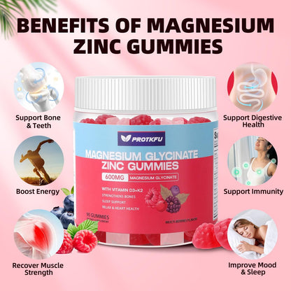 90 CT Magnesium Glycinate Gummies 600mg, Zuckerfrei mit Zink & Vitamin D3 - Magnesiumpräparate für Schlaf, Knochengesundheit, Nerven- & Immunfunktion