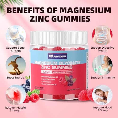 90 CT Magnesium Glycinate Gummies 600mg, Zuckerfrei mit Zink & Vitamin D3 - Magnesiumpräparate für Schlaf, Knochengesundheit, Nerven- & Immunfunktion