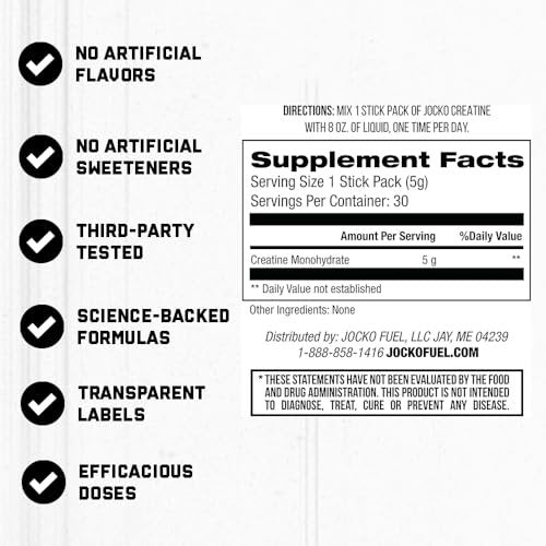Jocko Fuel Creatin-Monohydrat Stick-Packs – Reines mikronisiertes Pulver für unterwegs, 150 g, 30 Portionen, geschmacksneutral