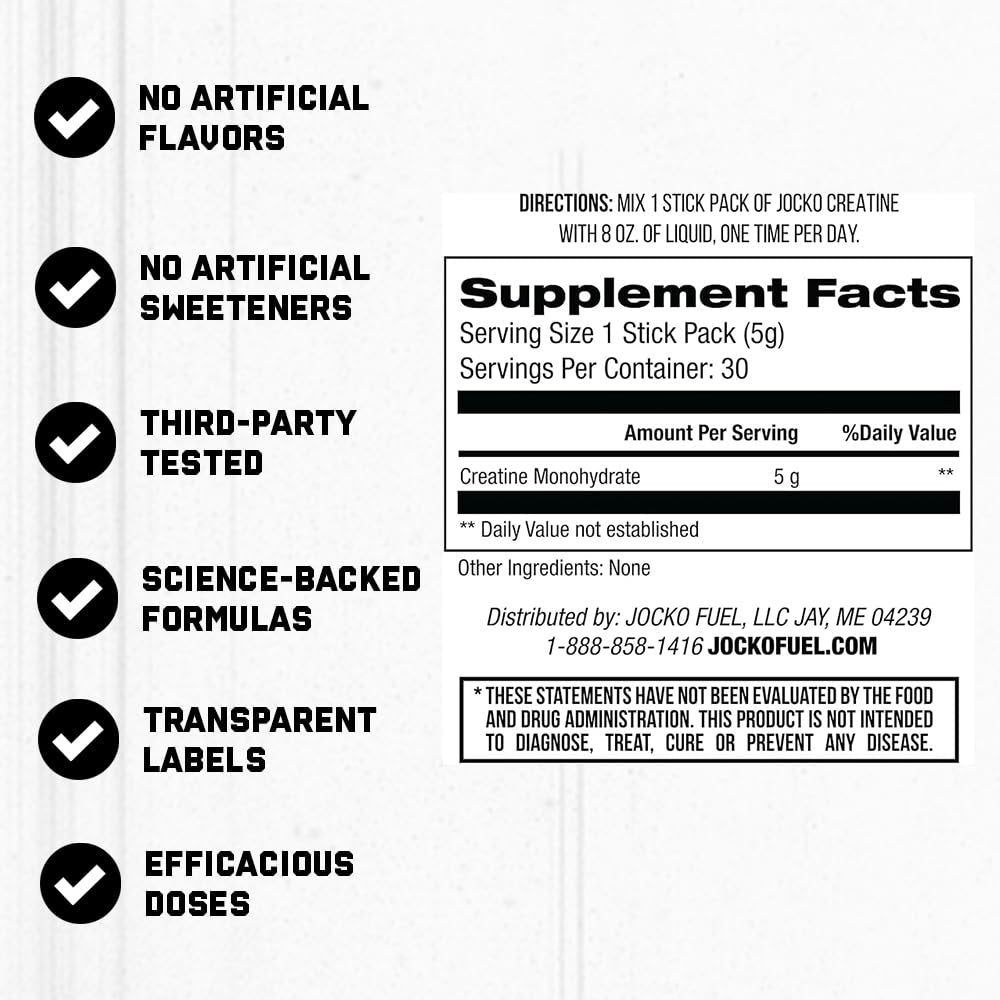 Jocko Fuel Creatin-Monohydrat Stick-Packs – Reines mikronisiertes Pulver für unterwegs, 150 g, 30 Portionen, geschmacksneutral