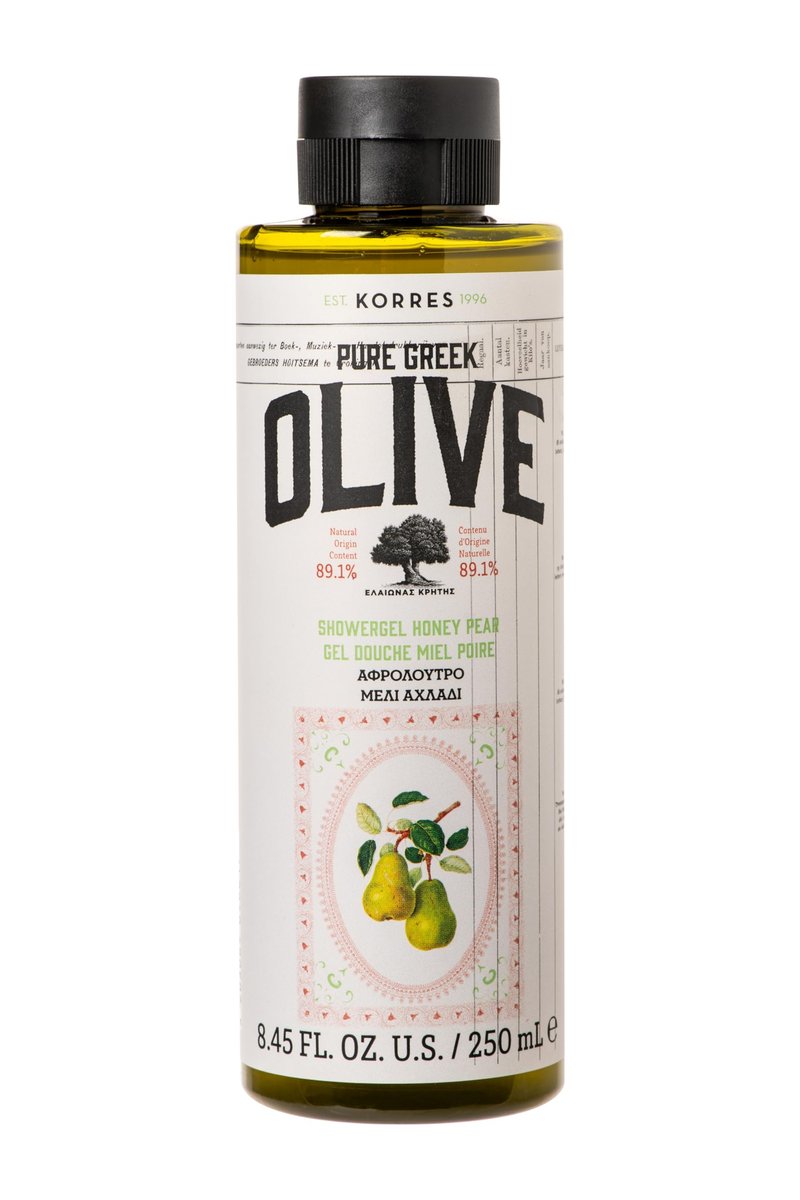 KORRES Pure Greek Olive Duschgel Honig Birne Duft, pflanzlicher Schaumbadreiniger mit Olivenblattextrakt, Aktiv-Aloe & Weizenproteinen für Frauen & Männer, sanfte Reinigung, hergestellt in Griechenland, 250 ml