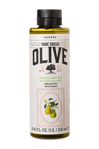 KORRES Pure Greek Olive Duschgel Honig Birne Duft, pflanzlicher Schaumbadreiniger mit Olivenblattextrakt, Aktiv-Aloe & Weizenproteinen für Frauen & Männer, sanfte Reinigung, hergestellt in Griechenland, 250 ml