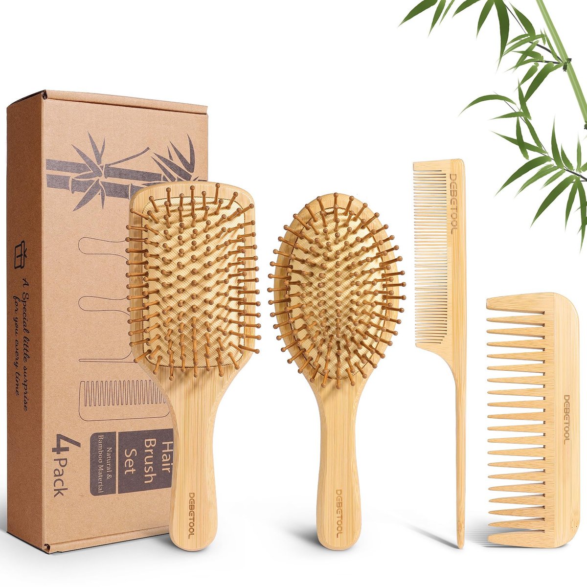 DEBETOOL Bamboo Haarbürsten und Kamm Set - Natürliche Holz- & Bambusbürste für Haarwachstum mit Stielkamm, ergonomisches Design für (dickes/dünnes/lockiges/trockenes Haar) - Holzkamm für Frauen Geschenk-Set