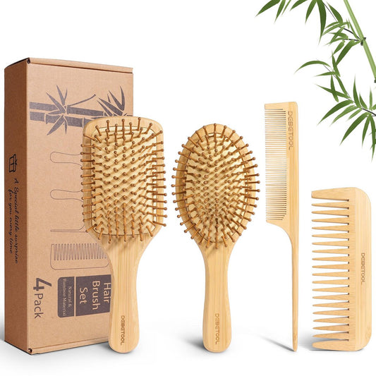 DEBETOOL Bamboo Haarbürsten und Kamm Set - Natürliche Holz- & Bambusbürste für Haarwachstum mit Stielkamm, ergonomisches Design für (dickes/dünnes/lockiges/trockenes Haar) - Holzkamm für Frauen Geschenk-Set
