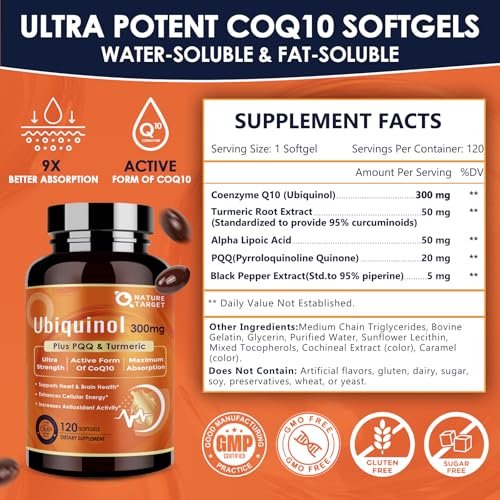 NATURE TARGET Ubiquinol CoQ10 300 mg Weichkapseln mit PQQ & Kurkuma – Hochdosiertes Coenzym Q10 mit ALA & schwarzem Pfeffer – Antioxidans für Herz- & Gehirngesundheit, Energieproduktion – 120 Kapseln