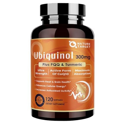 NATURE TARGET Ubiquinol CoQ10 300 mg Weichkapseln mit PQQ & Kurkuma – Hochdosiertes Coenzym Q10 mit ALA & schwarzem Pfeffer – Antioxidans für Herz- & Gehirngesundheit, Energieproduktion – 120 Kapseln