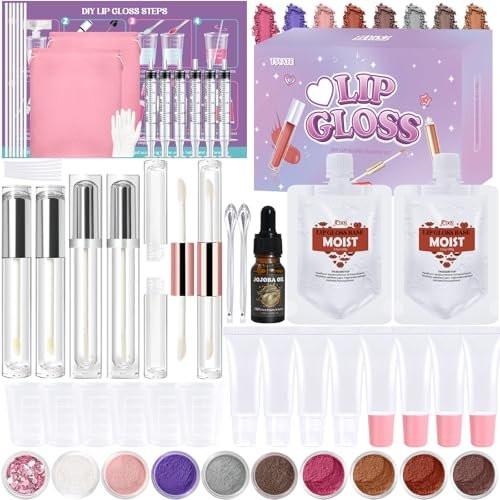 TSVATE Lipgloss Herstellungsset, 58-teiliges DIY Lipgloss Kit, Feuchtigkeitsspendende Lippenölbasis, Lipgloss Set für Frauen, Anfänger, Mädchen, Geschenk für Teenager