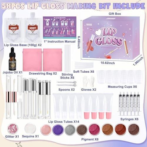 TSVATE Lipgloss Herstellungsset, 58-teiliges DIY Lipgloss Kit, Feuchtigkeitsspendende Lippenölbasis, Lipgloss Set für Frauen, Anfänger, Mädchen, Geschenk für Teenager