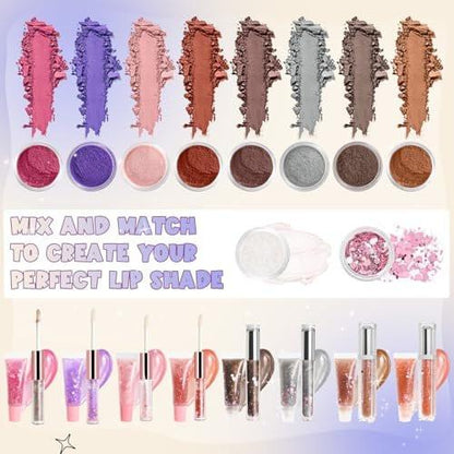 TSVATE Lipgloss Herstellungsset, 58-teiliges DIY Lipgloss Kit, Feuchtigkeitsspendende Lippenölbasis, Lipgloss Set für Frauen, Anfänger, Mädchen, Geschenk für Teenager