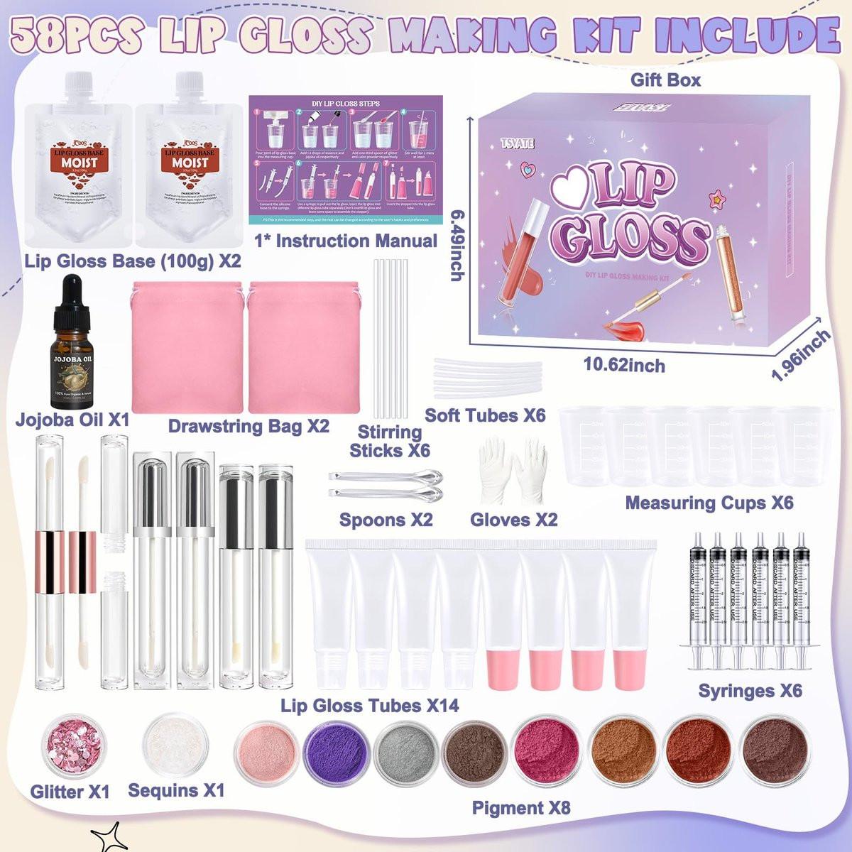 TSVATE Lipgloss Herstellungsset, 58-teiliges DIY Lipgloss Kit, Feuchtigkeitsspendende Lippenölbasis, Lipgloss Set für Frauen, Anfänger, Mädchen, Geschenk für Teenager