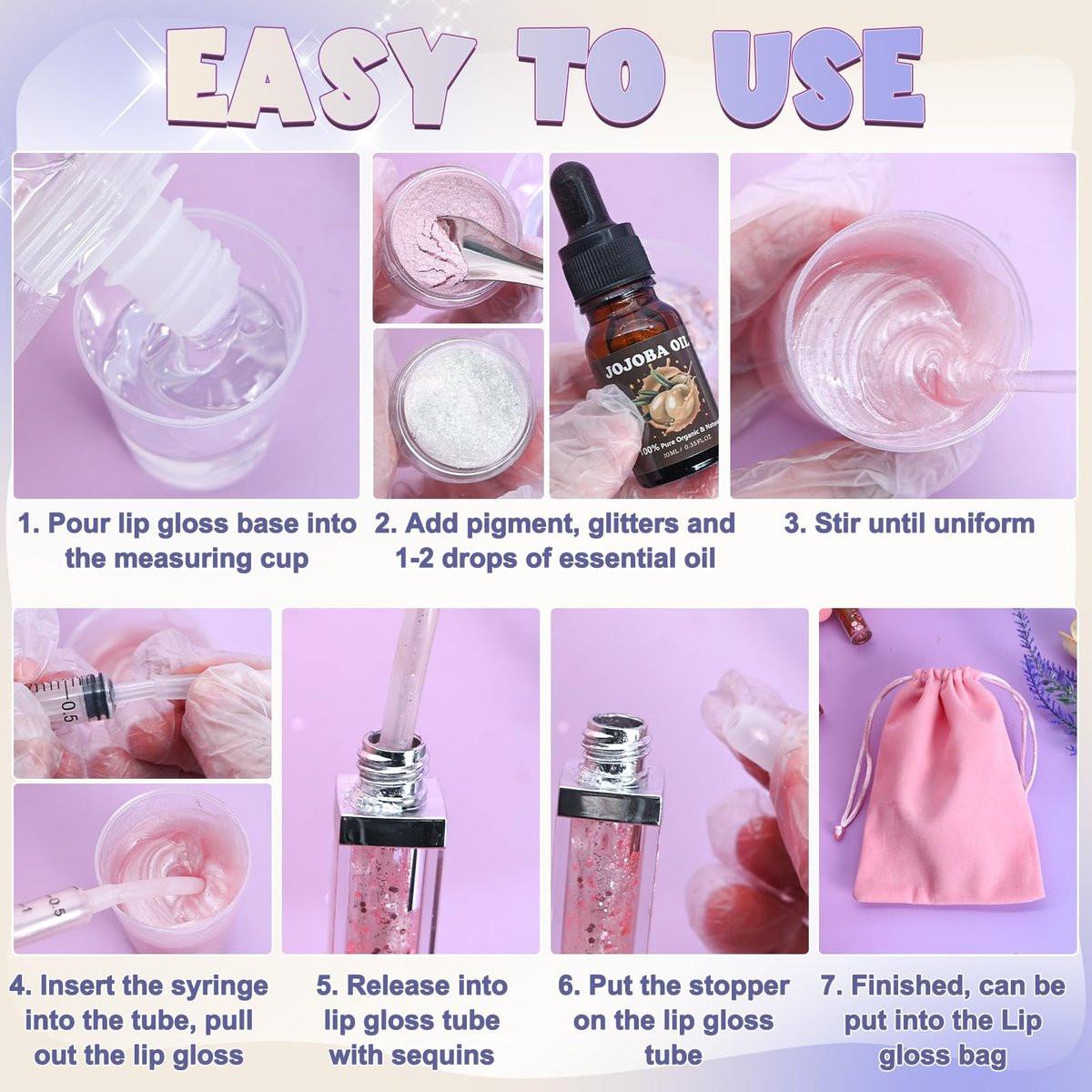 TSVATE Lipgloss Herstellungsset, 58-teiliges DIY Lipgloss Kit, Feuchtigkeitsspendende Lippenölbasis, Lipgloss Set für Frauen, Anfänger, Mädchen, Geschenk für Teenager