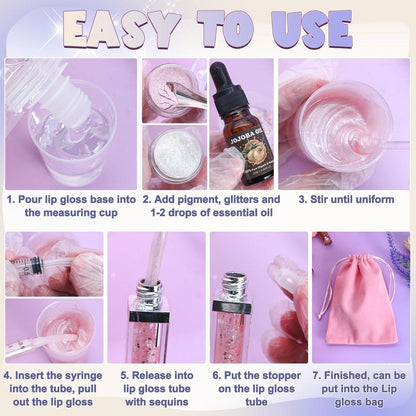 TSVATE Lipgloss Herstellungsset, 58-teiliges DIY Lipgloss Kit, Feuchtigkeitsspendende Lippenölbasis, Lipgloss Set für Frauen, Anfänger, Mädchen, Geschenk für Teenager
