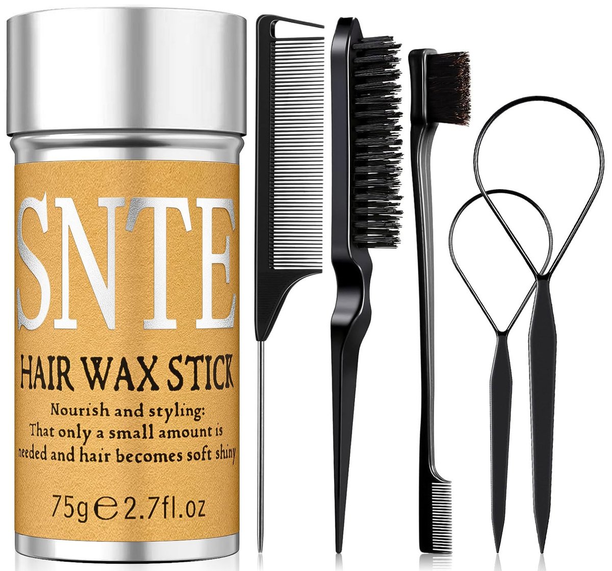 Haarwachs Stick & Glättebürsten Set 6-teilig – Anti-Frizz Styling für Frauen, Kinder & Teenager – Fettfreies Styling-Wachs für fliegende Haare & Dutt-Accessoires