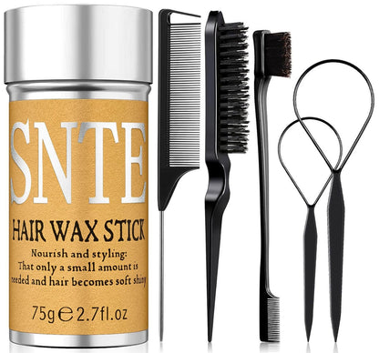 Haarwachs Stick & Glättebürsten Set 6-teilig – Anti-Frizz Styling für Frauen, Kinder & Teenager – Fettfreies Styling-Wachs für fliegende Haare & Dutt-Accessoires