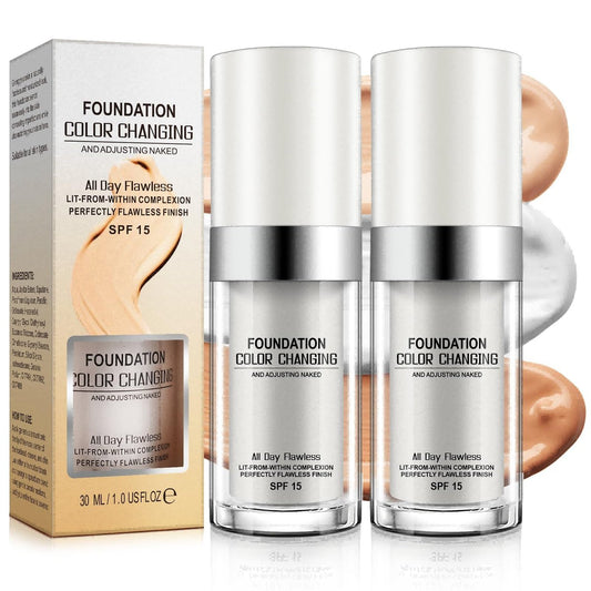 2er-Pack farbwechselnde Foundation – Kaschiert Unebenheiten und Sommersprossen, flüssiges Make-up für alle Hauttypen, leichte bis mittlere Deckkraft, professionelles Make-up für makellose Haut, 30 ml
