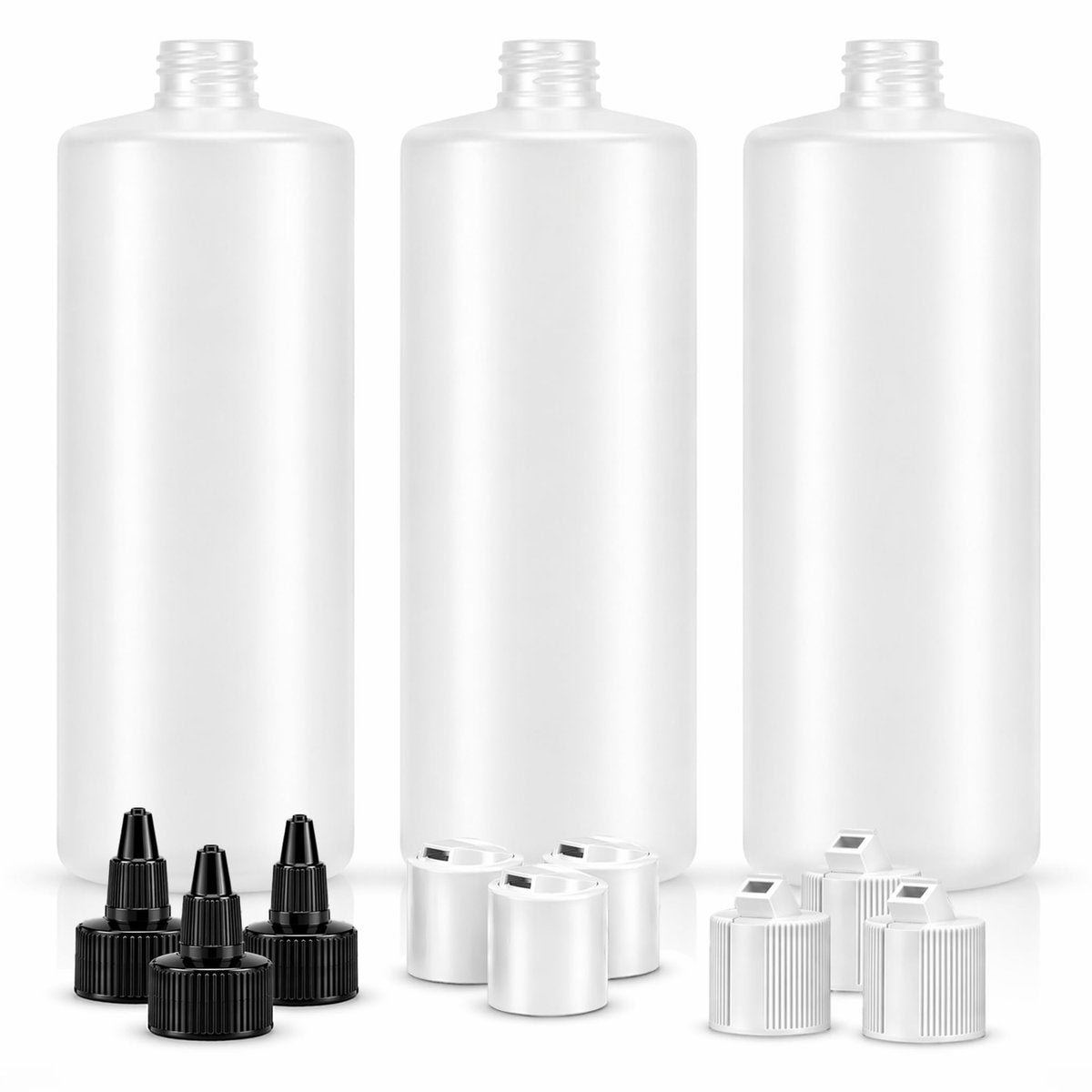 Bar5F 33,8 oz (1 Liter) 3er-Pack Große HDPE-Kunststoffflaschen mit 9 Verschlüssen in 3 Stilen | Pumpe, Quetsche, Spritze | Shampoo, Conditioner, Gewürze, Ketchup, Bleichmittel, Reiniger, Alkohol, Lebensmittelecht | BPA-frei