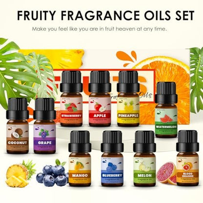 Fruchtiger Duftöl-Set für Kerzen- und Seifenherstellung, INWICOPH Premium Duftöle 5ml x 10 - Blaubeere, Erdbeere, Mango, Blutorange, Duftöl-Diffuser für Zuhause