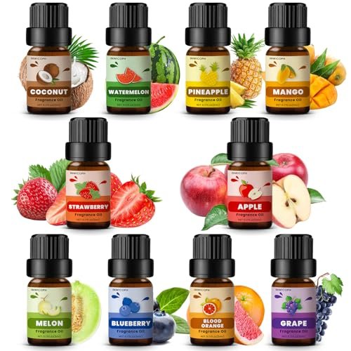Fruchtiger Duftöl-Set für Kerzen- und Seifenherstellung, INWICOPH Premium Duftöle 5ml x 10 - Blaubeere, Erdbeere, Mango, Blutorange, Duftöl-Diffuser für Zuhause